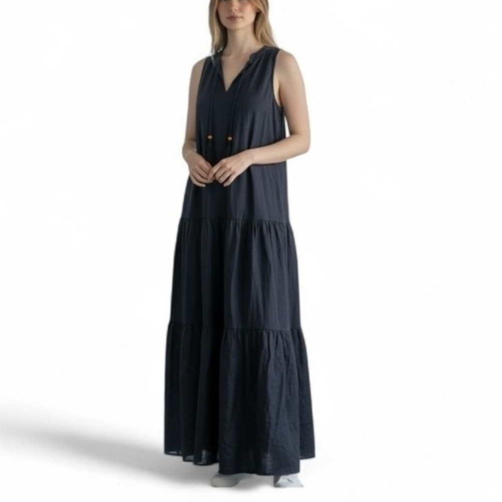 Magaschoni Sleeveless 100% Linen Navy Tiered Maxi Dress L